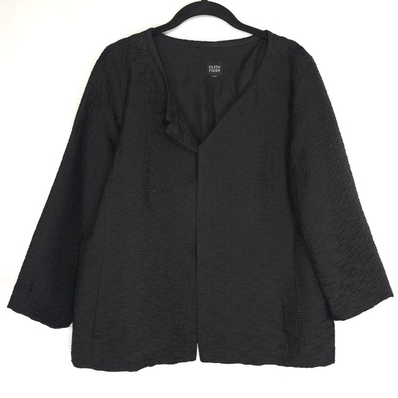 EILEEN FISHER Small 100% SILK Jacket Black Magnetic Closure Crinkle Texture 36VH